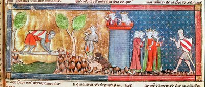 M. 806 f.166 Lancelot demuestra su amor por Ginebra cruzando un río con un puente de espada afilada, del Roman de Lancelot du Lac, 1344 de French School