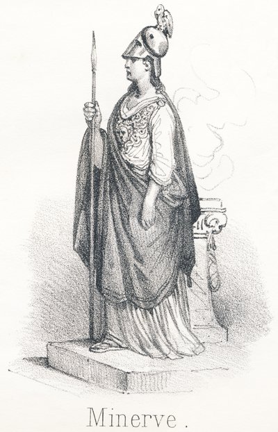 M Minerva: Diosa nacida de la cabeza de Júpiter, armada con pie en capa y lanza en mano Bajo el nombre de Minerva, era diosa de la sabiduría y bajo el nombre de Pallas, era diosa de la guerra de French School