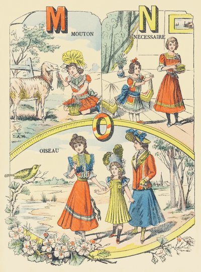 M N O: oveja, necesario, pájaro de French School