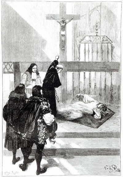 Madame de Sazilles es exorcizada en presencia del duque Gaston de Orleans, ilustración para los poseídos de Loudun en Les Mystères de la Science por Louis Figuier, 1886 de French School
