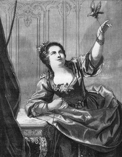 Madame du Favart, Justine du Ronceray (1727-1772) comediante y cantante francesa, víctima de los avances de Maurice de Sajonia. Grabado en 