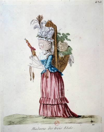 Madame de los Tres Estados. Una mujer elegantemente vestida y llevando una canasta de frutas y verduras representando los tres estados en la época de la Revolución Francesa. Grabado de 1789. Biblioteca del Arsenal, París de French School