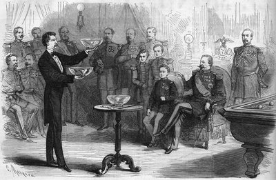 Espectáculo de magia dado por el Sr. Faure Nicolay en el campamento de Châlons en presencia del Emperador Napoleón III (1808-1873) y su hijo el Príncipe Imperial (1856-1879) de French School