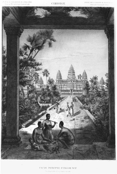 Fachada principal de Angkor Wat, ilustración de Atlas del viaje de exploración en Indochina, 1866-68 por Doudart de Lagrée, publicado en 1873, París, Hachette de French School