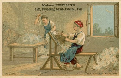 Tarjeta comercial de Maison Fontaine, trilla y cardado de French School
