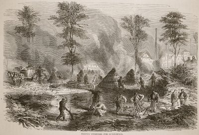 Fabricando carbón para pólvora, ilustración de la Historia de la Guerra entre Francia y Alemania, 1870-1871 de French School
