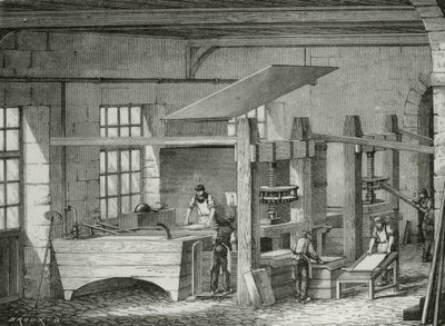 Fabricación de papel a mano tamizando la pasta en formas. Grabado c1870. de French School