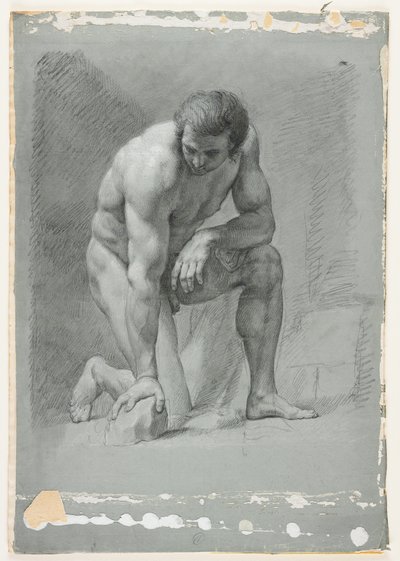 Academia masculina, arrodillado, inclinado hacia adelante sobre una roca de French School