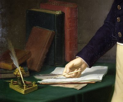 Hombre sosteniendo una pluma en su mano derecha, c.1830-40 de French School