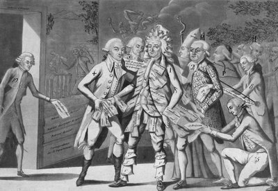 Hombre en asignados:... grupo de diputados buscando un Brissoter (Jacques Pierre Brissot de Warville 1754-1793) Anónimo. Impresión. 1791 de French School