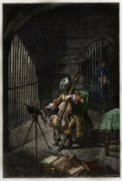 El Hombre de la Máscara de Hierro, tocando el violonchelo en prisión - L