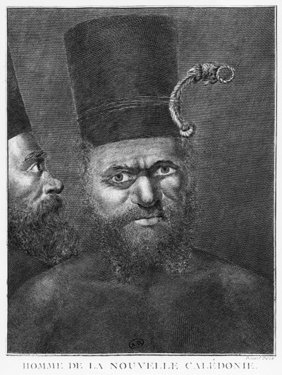 Hombre de Nueva Caledonia, ilustración del Segundo Viaje del Capitán James Cook, grabado por Benard (siglo XVIII) 1774 de French School