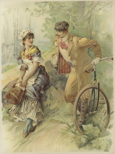 Hombre en bicicleta haciendo proposiciones a una doncella (cromolito) de French School