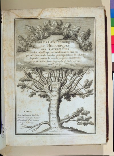 Árbol genealógico de la humanidad, frontispicio de Tablas Genealógicas e Históricas de los patriarcas, los Reyes, los Emperadores por Claude Delisle (1644-1720), publicado en París, 1718 de French School