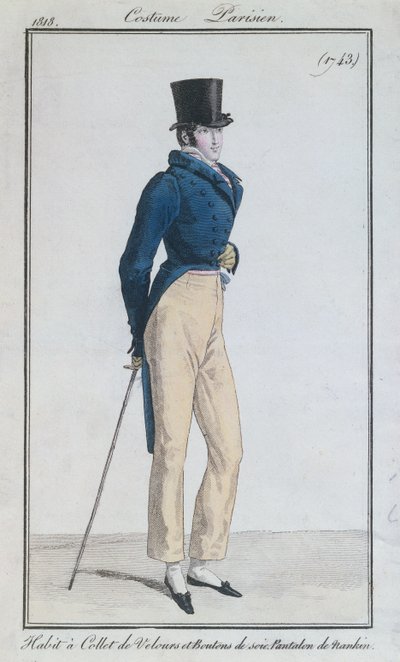 Traje de hombre con cuello de terciopelo, botones de seda y pantalones de nankeen, 1816 de French School