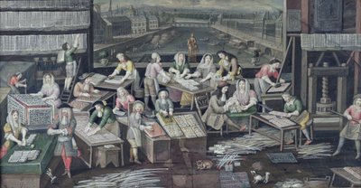 Fabricación de naipes en una casa en la Place Dauphine, diseño para un abanico, c.1680 de French School