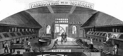 Fabricación de dinero: fundición. Grabado en “Le Monde Illustré” n°145 del 21 de enero de 1860. de French School