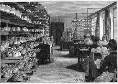 Fabricación de muñecas de Montreuil en 1888. Sala para secar cabezas de muñecas antes de cocer y recortar los ojos. de French School