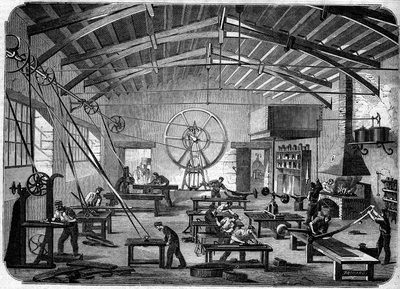 Fabricación de persianas de láminas en los talleres de Hippolyte Chameroy de French School