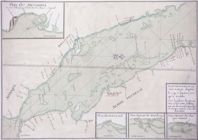 Mapa manuscrito de la porción sur del Mar Rojo desde el Cuerno de África y Yemen hasta Jiddah, c.1740 de French School