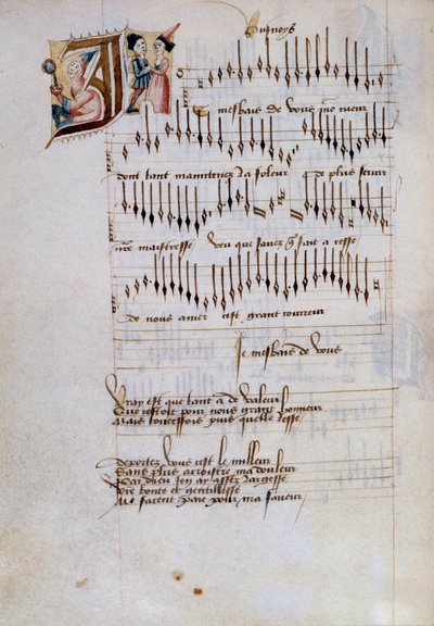 Página manuscrita de una colección de partituras de canciones francesas. Siglo XV. Dijon, Biblioteca Municipal de French School