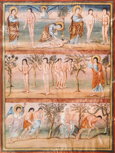 Página de manuscrito representando episodios de la vida de Adán y Eva: creación de Adán y Eva, el pecado original, expulsión del Paraíso de French School