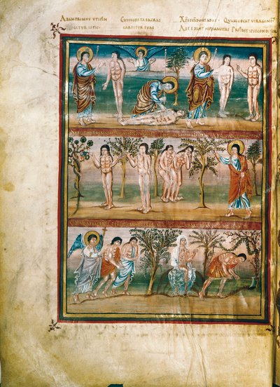 Página de manuscrito representando episodios de la vida de Adán y Eva: creación de Adán y Eva. El pecado original. Expulsión del Paraíso (miniatura) de French School