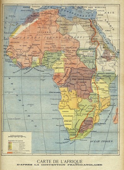 Mapa de África después de la firma del Acuerdo Anglo-Francés de marzo de 1899 (litografía en color) Ilustración para Le Petit Journal, 9 de abril de 1899 (grabado) de French School