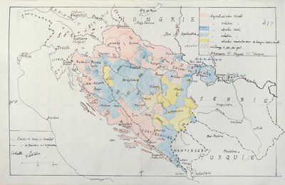 Mapa de Bosnia con detalles de las áreas ocupadas por grupos étnicos minoritarios, 1910 de French School