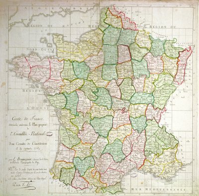 Mapa de Francia mostrando planes para dividir departamentos, 1789 de French School