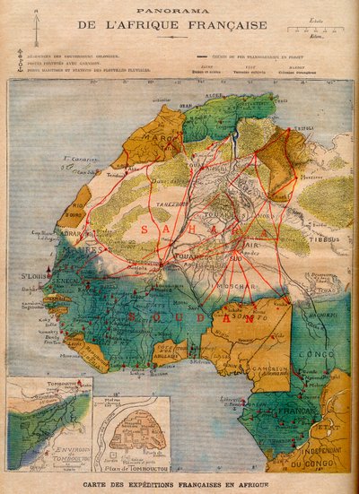 Mapa de las expediciones francesas en África, ilustración de Le Petit Journal del 5 de marzo de French School