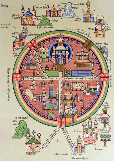 Mapa de Jerusalén y Palestina, incluyendo los sitios sagrados y el Templo de Salomón de French School