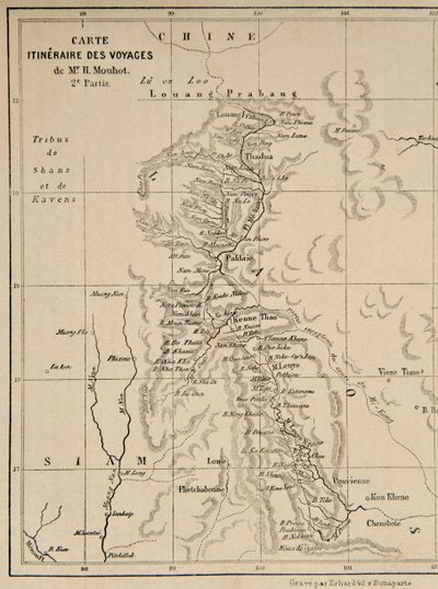 Mapa de Laos y el río Mekong mostrando la ruta del viaje de Henri Mouhot, ilustración de Viajes en las Partes Centrales de Indochina (Siam), Camboya y Laos Durante los Años 1858, 1859 de French School
