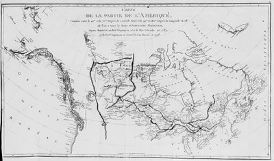Mapa de América del Norte, trazando las expediciones de Sir Alexander Mackenzie en 1789 y 1798 al Océano Ártico de French School
