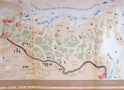 Mapa de Siberia que muestra los inmensos recursos naturales del área y representa una ruta marítima que abriría el comercio, 1933 de French School