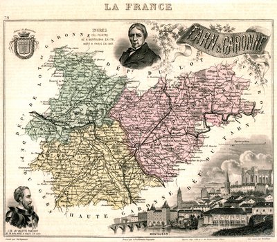 Mapa de Tarn-et-Garonne con vistas a Montauban y retratos de Ingres y Jean Parisot de La Valette (litografia en color) de French School