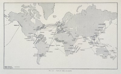 Mapa de cables submarinos en todo el mundo - en "A través de la electricidad" por G. Davy de French School