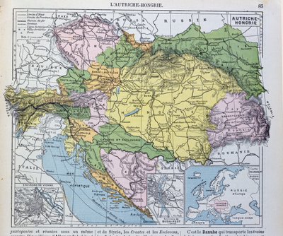 Mapa del imperio austrohúngaro, ilustración de un libro de geografía escolar francés, 1905 de French School