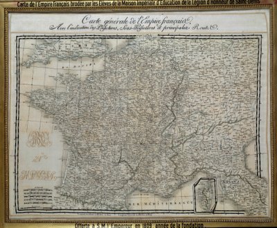 Mapa del Imperio francés (Primer Imperio) bordado por las alumnas de la casa imperiale de la Legión de Honor de Saint Denis. Cuadro bordado en 1809. Isla de Aix, Museo Napoleónico de French School