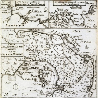 Mapa del Istmo de Darién y el Golfo de Panamá en "Nuevo viaje alrededor del mundo" de Guillaume Dampier (William Dampier) de French School