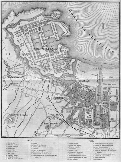 Mapa de la ciudad y puerto de Cherburgo, Mancha (50) de French School