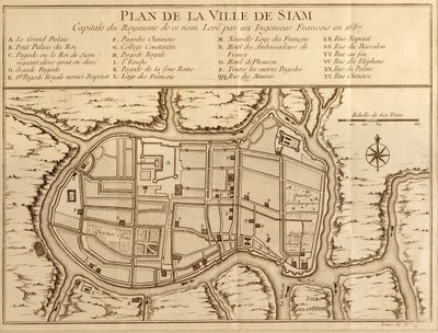 Mapa de la ciudad de Siam, capital del reino del mismo nombre según un levantamiento realizado por un ingeniero francés en 1687, publicado en la edición de 1751 de Histoire Generale des Voyages por Antoine Prevost de French School