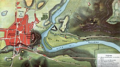Mapa del país de Lourdes en 1858, año de las visiones de Bernadette Soubirous: muestra la ubicación de su casa y la cueva. Altos Pirineos (65). Cromolitografía en "Notre Dame de Lourdes" por Henri Lasserre de French School