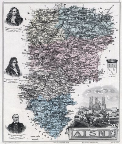 Mapa del departamento de Aisne (grabado 1889) de French School