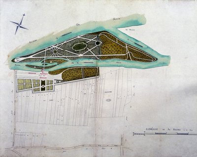 Mapa del jardín de Moulin Joly. Placa del atlas de planos del territorio de Colombes (1780), conservado en los Archivos Nacionales de French School