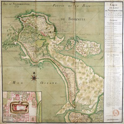 Mapa de la isla de Noirmoutier acompañado de un mapa del castillo, realizado en 1769 de French School