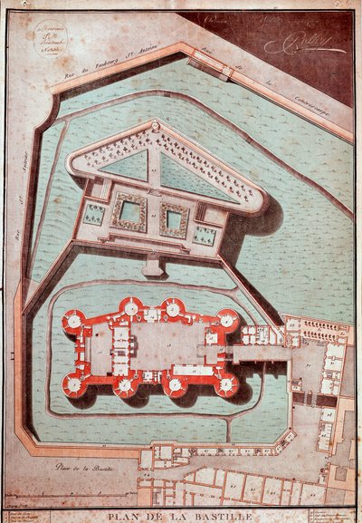Mapa de la prisión y los jardines de la Bastilla de French School