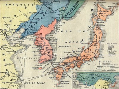 Mapa del teatro de la Guerra Ruso-Japonesa. Mapa del Teatro de Guerra Ruso-Japonesa - Ilustración para Le petit Journal, 28 de febrero de 1904 de French School