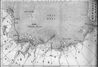 Mapa del viaje del "Vega" trazado por el explorador Nils Adolf Erik (Eric) Barón Nordenskjold (Nordenskiold) (1832-1901). En 1878 Nordenskjold pasó del Océano Atlántico al Océano Pacífico a lo largo de la costa de Siberia. Grabado en "Le Monde Illustré" de French School