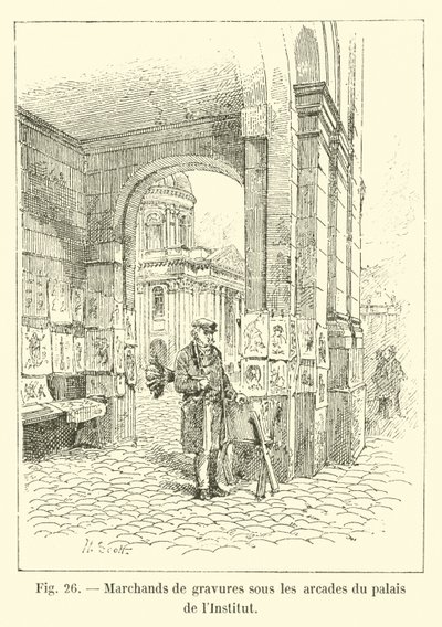 Mercaderes de grabados bajo las arcadas del palacio del Instituto de French School